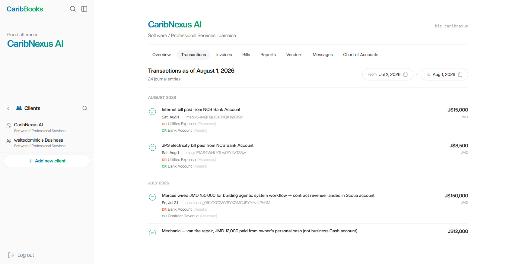 CaribBooks dashboard — transactions view showing internet bill posted