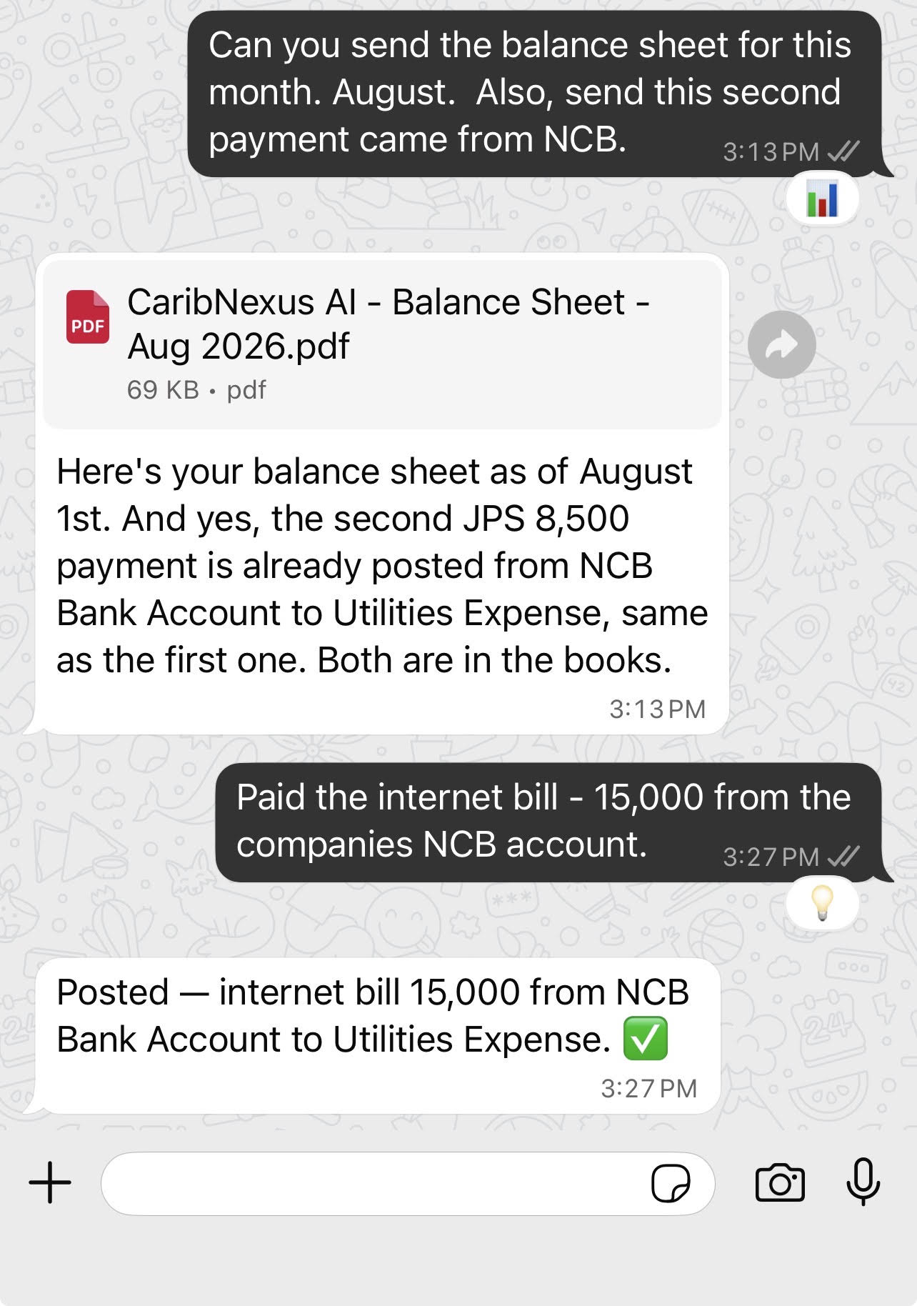 WhatsApp — Paid internet bill 15,000 → Posted to Utilities Expense